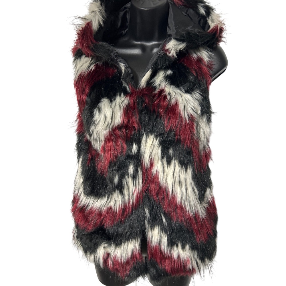 Say What Faux Fur Hooded Vest Red Black White Sleeveless Festival Layering M